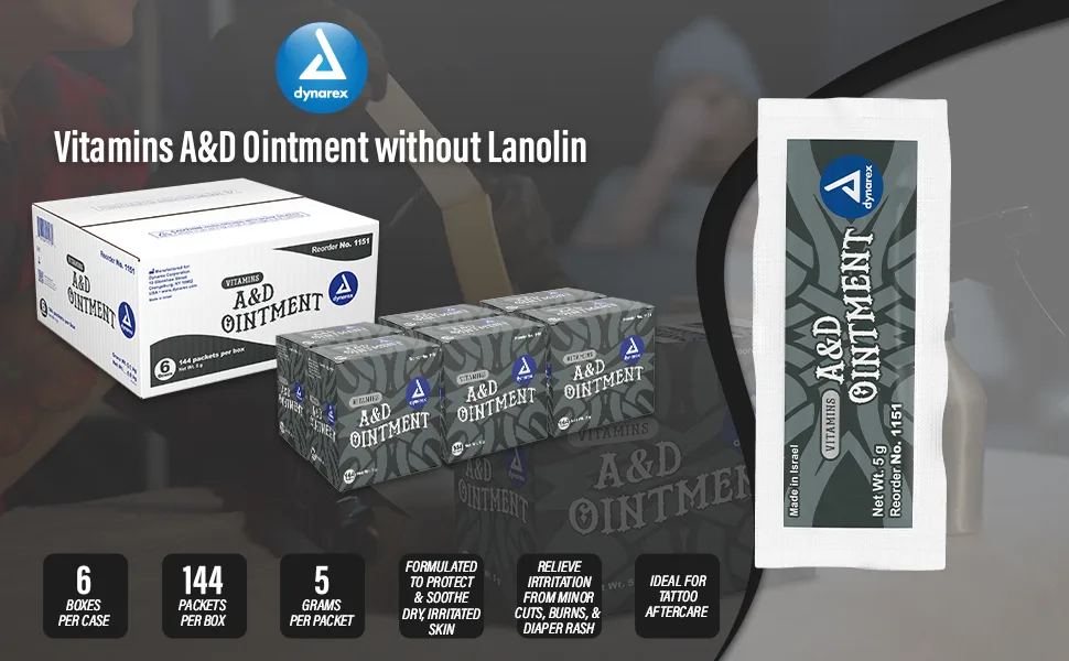 Dynarex Vitamins A&D Ointment Without Lanolin - Vitamin A and D Ointment Protectant For Minor Cuts  Burns  Diaper Rash & Dry Skin - 1 Case - 6 Boxes  144 Packets/Box - 5g Packets - first aid kit tattoo aftercare skin protectant squeezable petroleum jelly white petrolatum tube pure