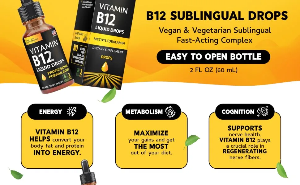Vitamin B12 Liquid Drops - Vegan B12 Liquid Methylcobalamin Fast-Acting Complex - Sublingual B Complex Liquid w/ Vitamin B2 B3 B6 & B12 - Non-GMO No Dairy Soy & Sugar Raspberry Flavor 2 fl. oz. Vitamin B12 Drops - Vitamin B12 Drops