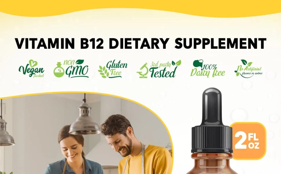 Vitamin B12 Liquid Drops - Vegan B12 Liquid Methylcobalamin Fast-Acting Complex - Sublingual B Complex Liquid w/ Vitamin B2 B3 B6 & B12 - Non-GMO No Dairy Soy & Sugar Raspberry Flavor 2 fl. oz. Vitamin B12 Drops - Vitamin B12 Drops