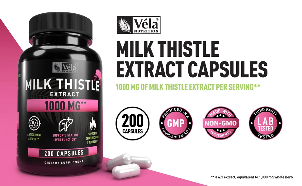 Milk Thistle Extract 1000mg Capsules | 200 Servings Support Healthy Liver Function & Overall Wellness | Antioxidant Support Liver Function Support Detoxification Support | Non-GMO 3rd Party Tested - 200 capsules