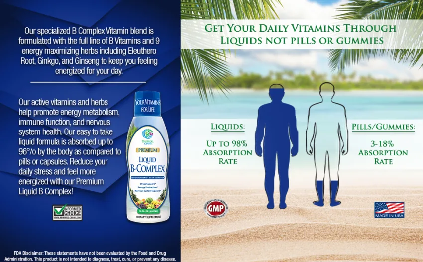 Premium Liquid B Complex Vitamin- Fast Absorbing Liquid B-Complex Supplement w/ all 8 B-vitamins PLUS energizing herbal blend w/ Ginseng Ginkgo and Eleuthero Root - Vegan NON-GMO - 16oz 32 Serv - Liquid vitamins absorb up to 98 percent by the body, 5x more than pills capsules or gummies