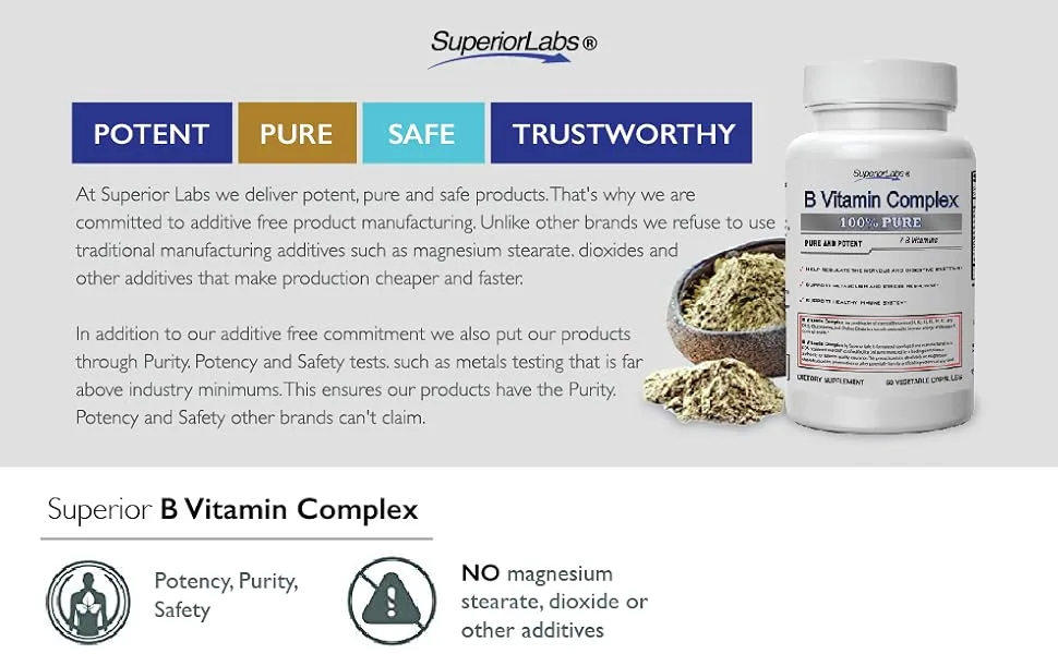 Superior Labs B Vitamin Complex - Superior Absorption - 100% NonGMO Safe from Additives Stearates Gluten and Other Allergens - Regulate Digestive System and Support Metabolism - 60 Vegetable Caps - B Vitamin Complex stress energy digestion