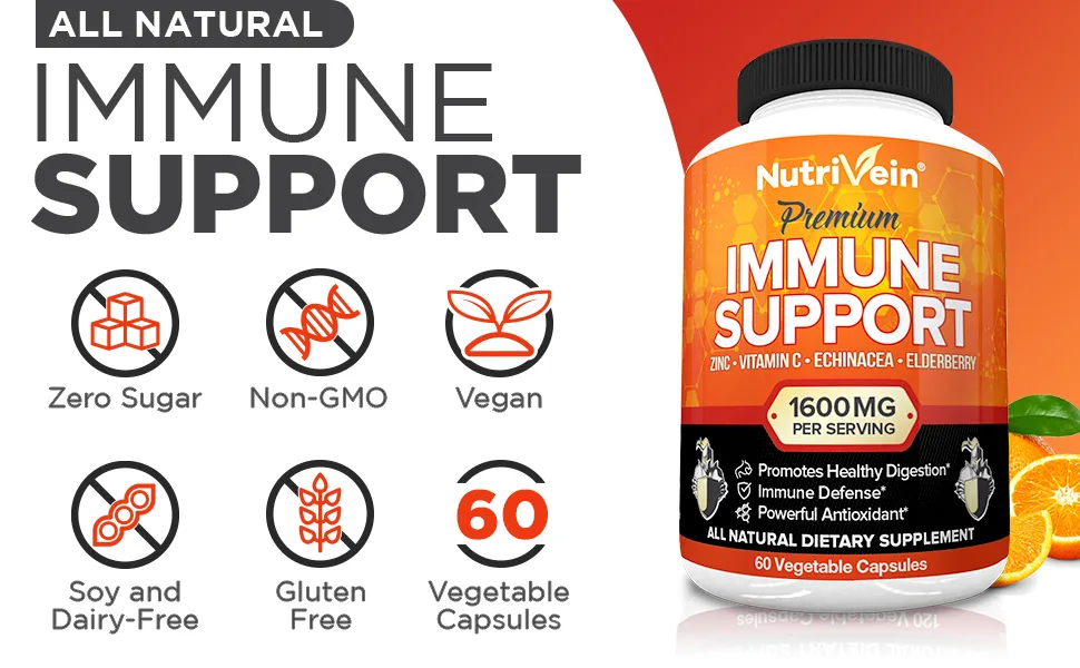 Nutrivein Immune Support - Boost Your Immune System with Elderberry Zinc Vitamin C Garlic & Echinacea Prebiotics - 1600MG Daily Dose - Supports Healthy Lifestyle and Stress Relief - 60 Capsules - Immune Support, 0 Sugar, NonGMO, Vegan, Soy & Dairy Free, Gluten Free, 60 Capsules