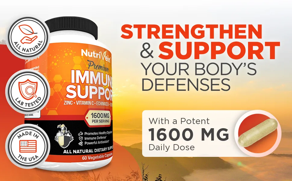 Nutrivein Immune Support - Boost Your Immune System with Elderberry Zinc Vitamin C Garlic & Echinacea Prebiotics - 1600MG Daily Dose - Supports Healthy Lifestyle and Stress Relief - 60 Capsules - Strengthen & Support Your Body