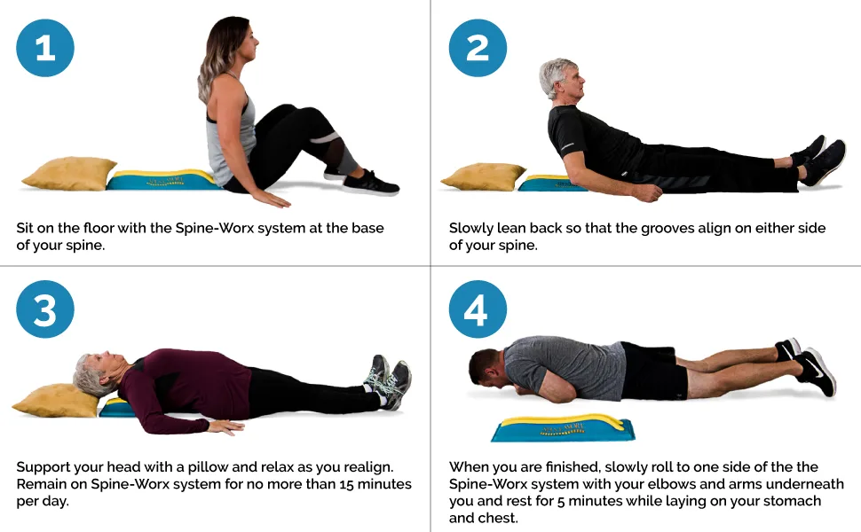 Spine-Worx Back Realignment Device  Thoracic and Lumbar Relief Back Stretcher  Spinal Alignment  Back Stretching Device  Chiropractic Alignment  Back Stretching Device  Back Support Product - Step-by-step instructions on how to properly use the Spine-Worx device. Infographic.