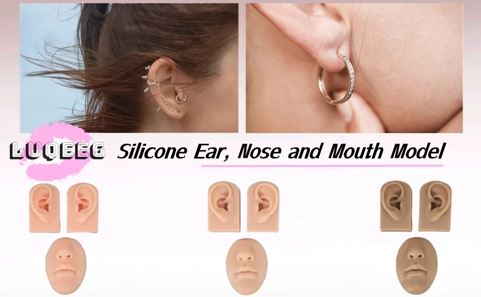 Luqeeg Soft Silicone Ear Model 3D Flexible Nose and Mouth Model for Practicing Suture Silicone Body Part Model Simulation Display Props Set for Acupuncture Jewelry Display Teaching Tool(3) - product information 1
