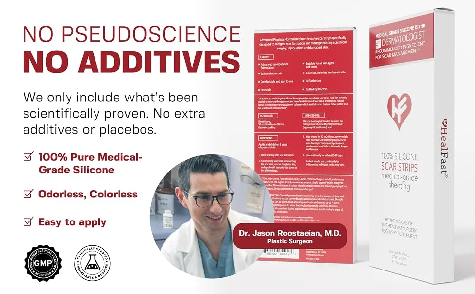 Physician Formulated Silicone Scar Sheets - Advanced Crosspolymer Medical Grade Silicone Scar Strips for Surgery C Section Keloids & Hypertrophic Scars - Silicone Tape For Scars (5 Sheets) - HealFast Physician Formulated Silicone Scar Sheets