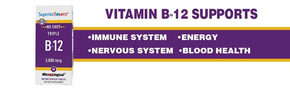 Superior Source No Shot Triple B12 3000 mcg Quick Dissolve Sublingual Tablets 60 Ct Methylcobalamin Adenosylcobalamin & Cyanocobalamin Cognitive & Heart Health Nervous System Non-GMO - methelated mthyl naturewise vegan jarrows chewable methy vitamine complejo meth vitamen metil mrthyl