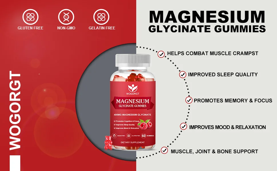 Magnesium Glycinate Gummies - 400mg Magnesium Glycinate Gummies with 200mg Magnesium L-Threonate Supplement for Relaxation Cognition and Sleep Quality Sugar Free - 60 Raspberry Gummies - Magnesium L-Threonate Gummies