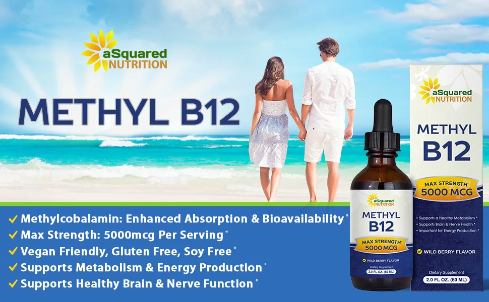 aSquared Nutrition Vitamin B12 Sublingual Liquid Drops - 5000 MCG Supplement with Methylcobalamin (Methyl B-12) - Max Absorption B 12 to Increase Energy - Vegan Friendly - 2 fl oz - product information 1