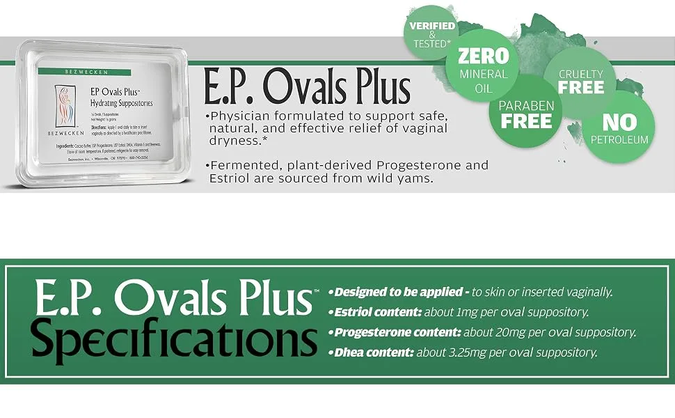Bezwecken - E.P. Ovals Plus DHEA - 16 Oval Suppositories - Same Trusted Formula New Improved Shape - Professionally Formulated to Alleviate Vaginal Dryness in Menopausal Women - product information 2