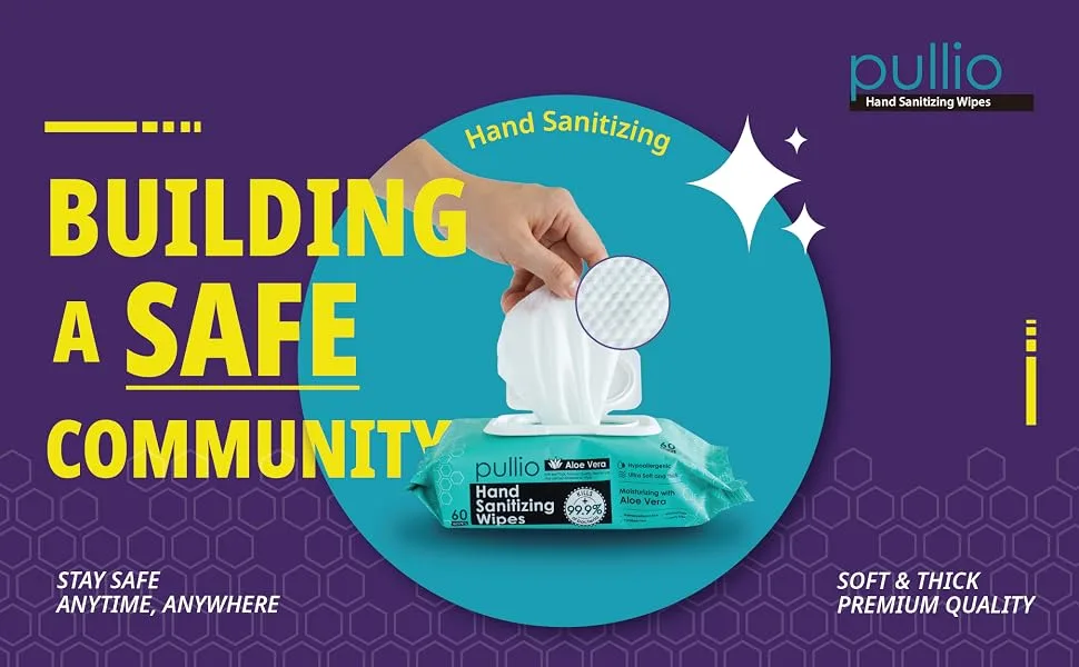 pullio - Hand Sanitizing Wet Wipes with Hypoallergenic Extra Thick Alcohol-Free Embossed Formula| Hand Wipes for Everyone's Clean Hands | Citrus Peppermint (Peppermint (60ct)) - family size