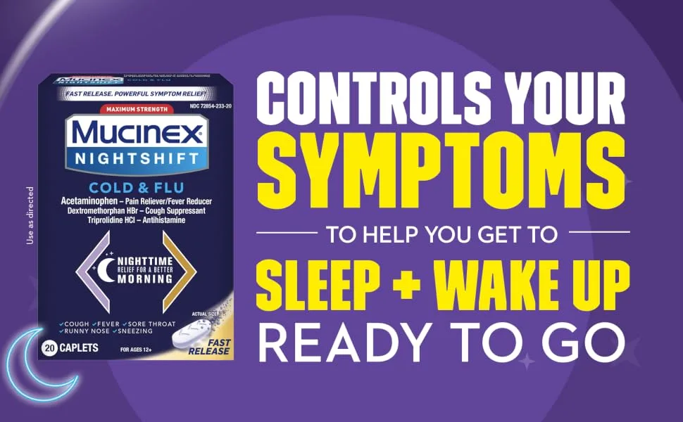 Mucinex Nightshift Cold & Flu Maximum Strength Powerful Multi-symptom Nighttime Relief 20 Fast Release Caplets - Pain Reliever/Fever Reducer Cough Suppressant Antihistamine - product information 2