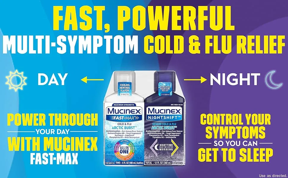 Mucinex Fast-Max Cold & Flu Arctic Burst and Mucinex Nightshift Severe Cold & Flu Arctic Burst Liquids - 2 x 6 fl. oz. Fast Powerful Multi-Symptom Relief with Just 1 Dose - fast, powerful maximum strength cough and cold multi symptom relief