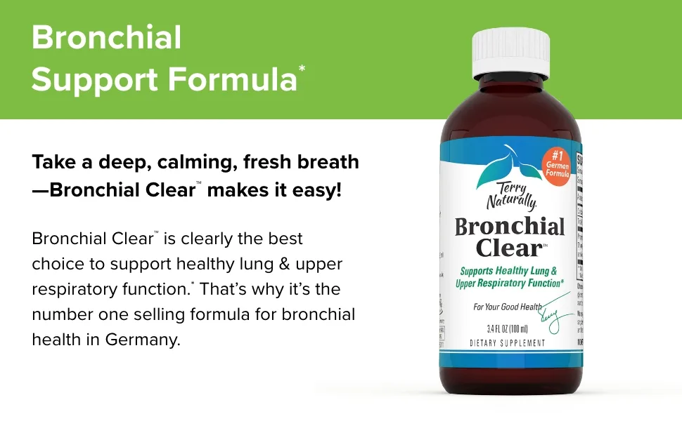 Terry Naturally Bronchial Clear Liquid - 3.4 fl oz - Soothing Lung & Upper Respiratory Function Support Supplement Non-Drowsy Non-Jittery - Gluten-Free - 20 Servings - Bronchial Support Formula
