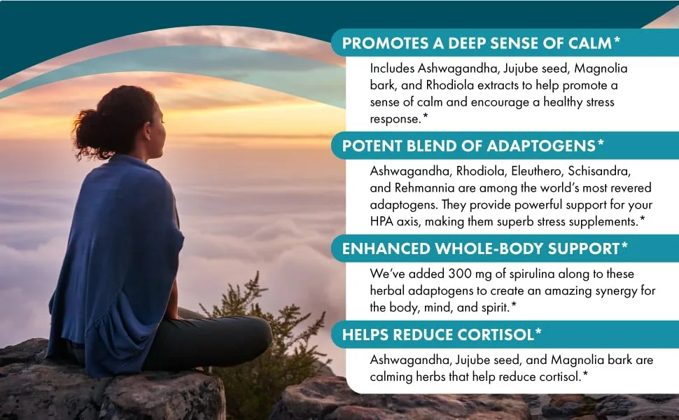 PURE ESSENCE LABS Stress Support System - Best Immune Support - Immunity Booster & Dietary Supplements - Headache & Stress Relief - Gives Natural Calm (60 Tablets) - promotes a deep sense of calm with a potent blend of adaptogens, reduces cortisol
