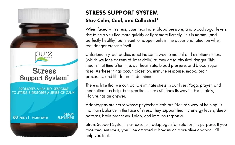 PURE ESSENCE LABS Stress Support System - Best Immune Support - Immunity Booster & Dietary Supplements - Headache & Stress Relief - Gives Natural Calm (60 Tablets) - Stress Support System: stay calm, cool and collected