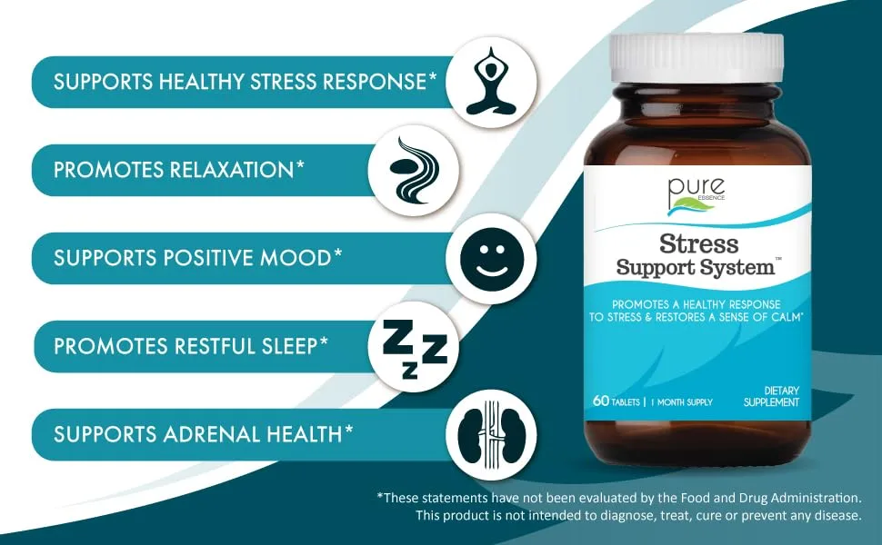 PURE ESSENCE LABS Stress Support System - Best Immune Support - Immunity Booster & Dietary Supplements - Headache & Stress Relief - Gives Natural Calm (60 Tablets) - supports healthy stress response, positive mood and adrenal health, promotes relaxation and sleep