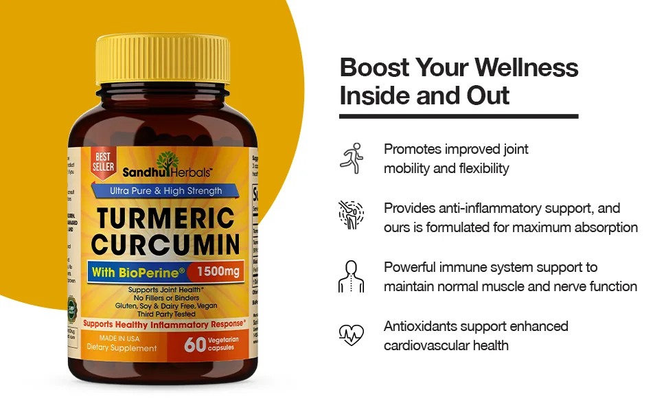 Turmeric Curcumin with Black Pepper Extract 1500mg Highest Potency High Absorption Joint & Healthy Inflammatory Support with 95% Curcuminoids 60 Veggi Capsules - Turmeric