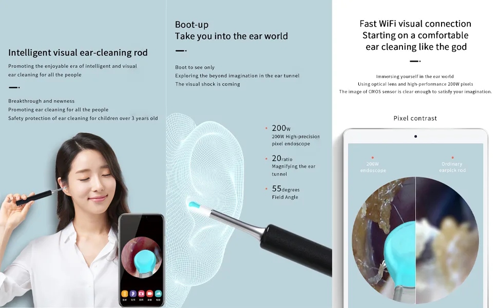 Ear Wax Removal Ear Cleaner with Camera Ear Wax Removal Tool with 1080P Ear Camera Otoscope with Light Ear Wax Removal kit for iPhone iPad Android Phones - Ear Camera