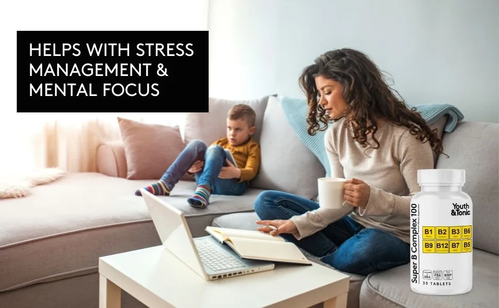 Youth & Tonic Super B Complex for Clear Mind & Healthy Energy Metabolism | Mental Focus Stress Tiredness B 100 | Support for Nervous System Vitamin B Complex - b complex stress management energy mental focus