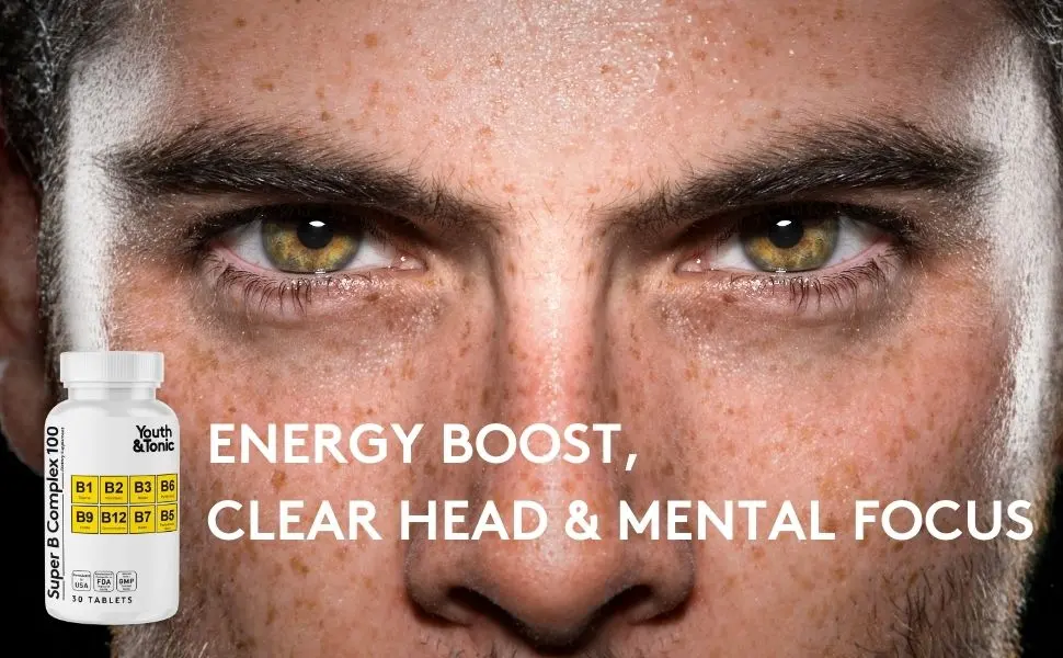 Youth & Tonic Super B Complex for Clear Mind & Healthy Energy Metabolism | Mental Focus Stress Tiredness B 100 | Support for Nervous System Vitamin B Complex - b complex vitamins energy metabolism mental fatigue