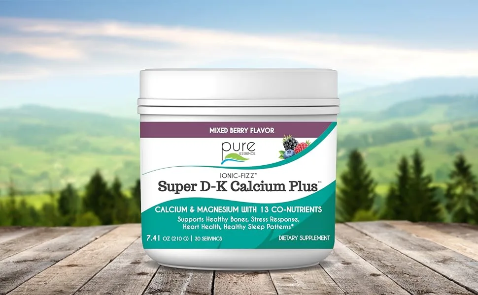 Ionic Fizz Super D-K Calcium Plus by Pure Essence - with Extra Magnesium Vitamin D3 Vitamin K2 for Strong Bones and Stress Support - Mixed Berry - 14.82oz - Strong Bones Calcium, Magnesium, Vitamin D and Vitamin K Powder