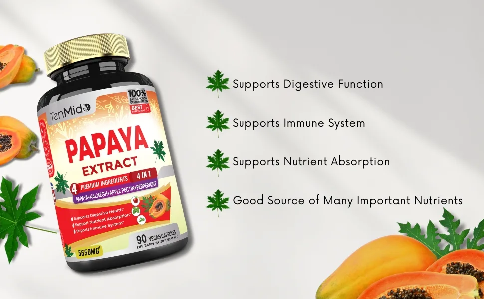 Papaya Supplement Extract Capsules 5650mg 3 Months Supply with Kalmegh Apple Pectin Peppermint Leaf - Improved Digestion Function - 90 Vegan Capsules - BENEFIT