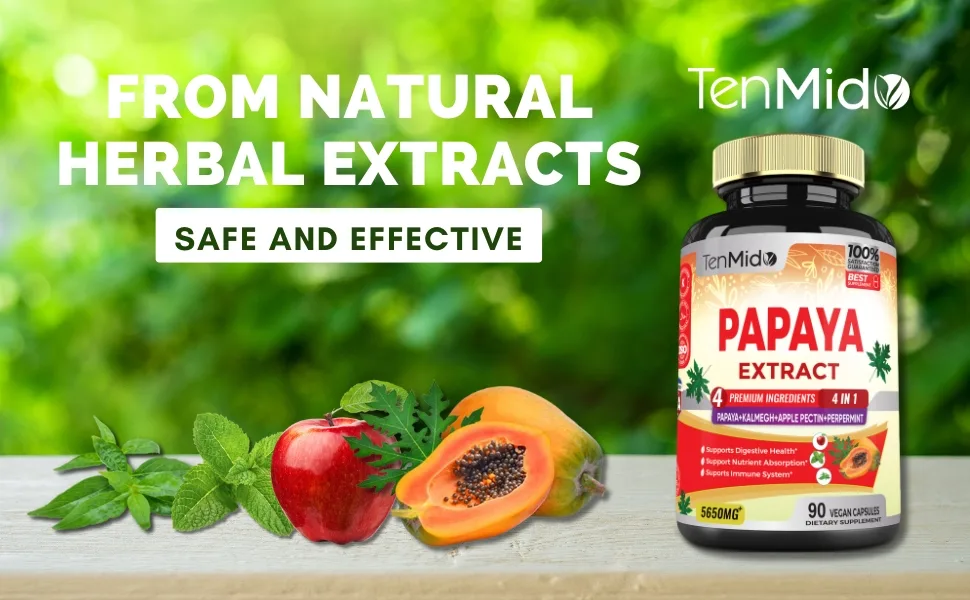Papaya Supplement Extract Capsules 5650mg 3 Months Supply with Kalmegh Apple Pectin Peppermint Leaf - Improved Digestion Function - 90 Vegan Capsules - HERBAL