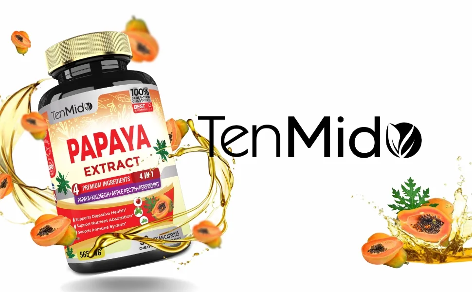 Papaya Supplement Extract Capsules 5650mg 3 Months Supply with Kalmegh Apple Pectin Peppermint Leaf - Improved Digestion Function - 90 Vegan Capsules - PAPAYA CAPSULES