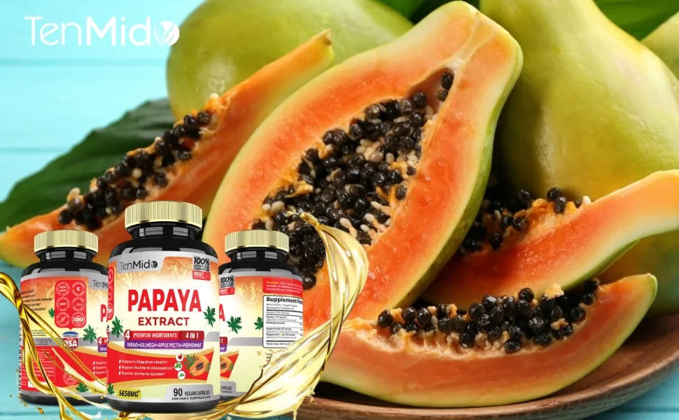 Papaya Supplement Extract Capsules 5650mg 3 Months Supply with Kalmegh Apple Pectin Peppermint Leaf - Improved Digestion Function - 90 Vegan Capsules - PAPAYA FRUIT