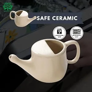 Qimacplus Ceramic Neti Pot with Leak Proof Nostril Better Capacity - Holds 350 ml   with Comfort Grip - Lead-Free and Microwave and Dishwasher Safe - safe