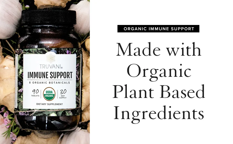 Truvani Immune Support | Organic Herbal Supplement for Immune Support | 8 Natural Ingredients | Ginger Elderberry Acerola Cherry | 30 Day Supply - Truvani Immune Support with organic plant based ingredients.