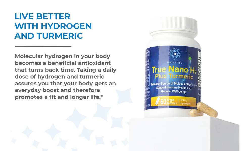 True Nano H2 with Turmeric by H2 Universe | Molecular Hydrogen with Active Hydrogen Nanobubbles Boosts Energy Powerful Antioxidant| 60 Capsules - hydrogen and turmeric