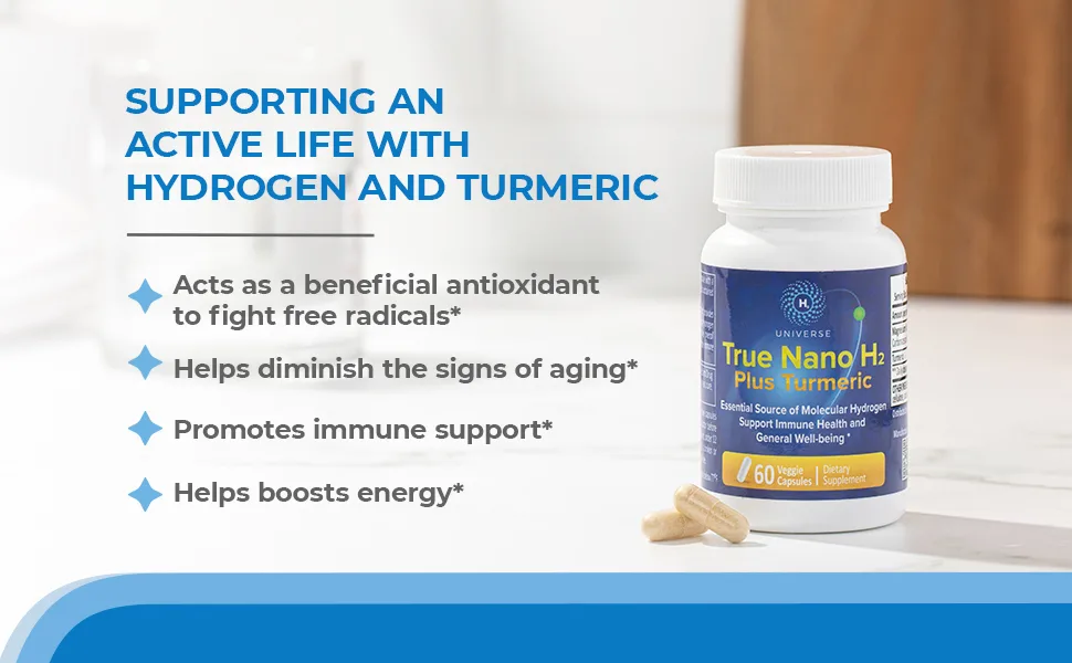 True Nano H2 with Turmeric by H2 Universe | Molecular Hydrogen with Active Hydrogen Nanobubbles Boosts Energy Powerful Antioxidant| 60 Capsules - support sctivity