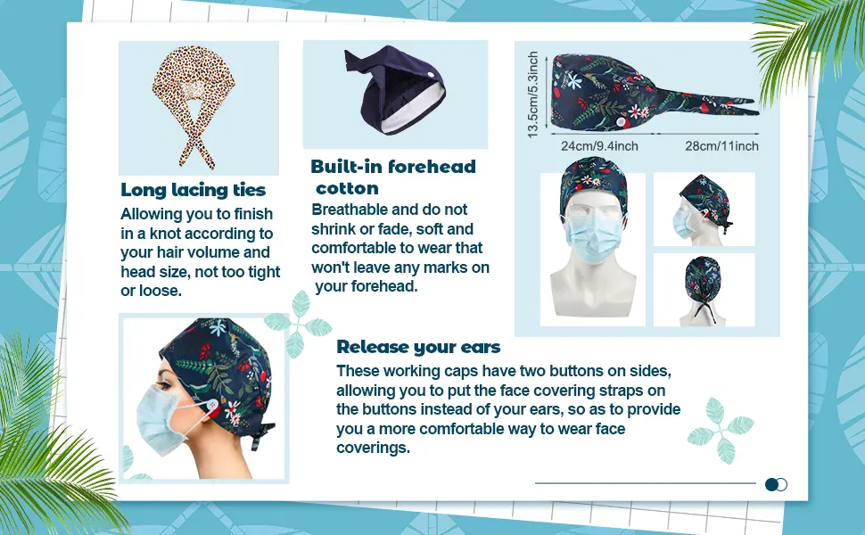 6 Pieces Bouffant Scrub Caps Printed Working Surgical Cap Nurse Hats with Buttons and Sweatband Adjustable Tie Back Hat for Women Men Multi Color - product information 3