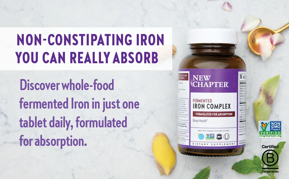 Iron Supplement New Chapter Fermented Iron Complex with Organic Whole-Food Ingredients + One Daily Non-Constipating Dose- 90ct 3 Month Supply - iron; raw iron; iron supplement; iron supplements; iron supplement for women; iron capsules; iron