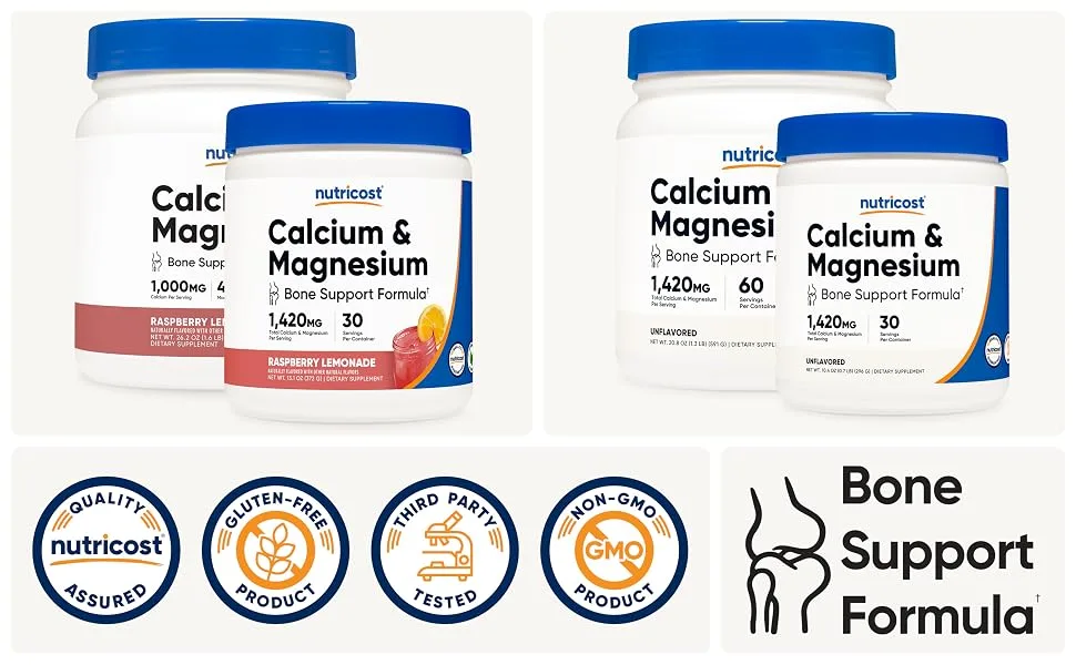 Nutricost Calcium Magnesium Powder 60 Servings - Bone Support Non-GMO Gluten Free (from Calcium Citrate and Magnesium Citrate) (Unflavored) - Nutricost Calcium and Magnesium citrate 60 servings and 30 servings