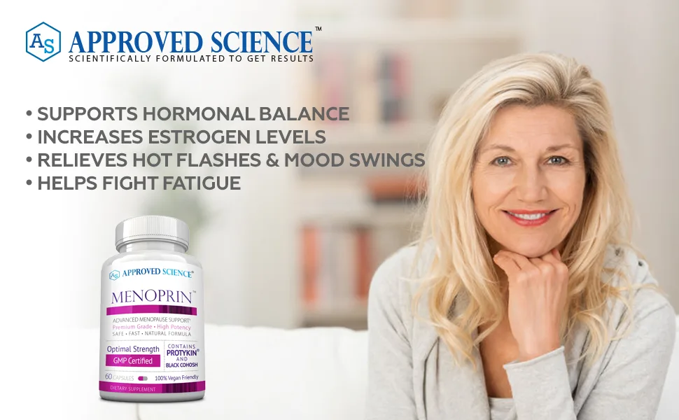 Approved Science Menoprin - Menopause Support - Protykin Black Cohosh - 60 Capsules - 2 Bottles Menoprin Day + 2 Bottles Menoprin PM - Vegan - Approved Science Menoprin Menopause Women