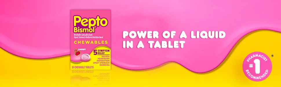Pepto Bismol Chewable Tablets for Nausea Heartburn Indigestion Upset Stomach and Diarrhea - 5 Symptom Fast Relief Original Flavor 12 ct - Pepto Bismol