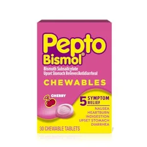Pepto Bismol Chewable Tablets for Nausea Heartburn Indigestion Upset Stomach and Diarrhea - 5 Symptom Fast Relief Original Flavor 12 ct - Pepto Bismol