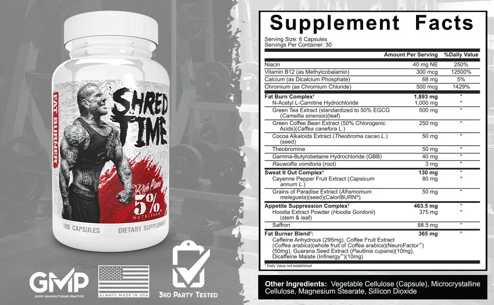 5% Nutrition Shred Time Fat Burner | Green Tea Coffee Bean Cayenne Theobromine GBB | Appetite Suppression | 30 Servings (180 Capsules) - Shred Time