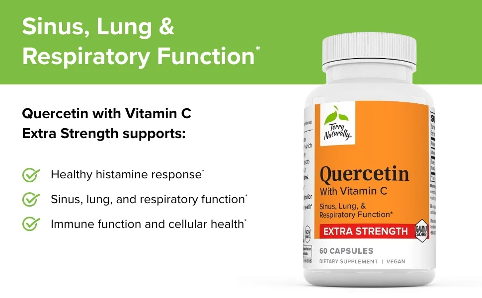 Terry Naturally Quercetin with Vitamin C Extra Strength - 60 Capsules - Sinus Lung & Respiratory Function - Non-GMO Vegan - 60 Servings - Sinus, lung and respiratory function