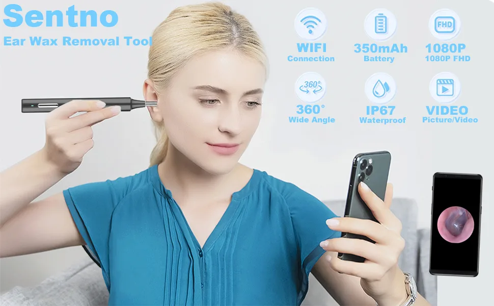 Ear Wax Removal Ear Cleaner with 3MP HD Camera Ear Wax Removal Tool 1080P Otoscope with Light - Ear Cleaning for iOS & Android (Black) - Ear Wax Removal Tool Camera