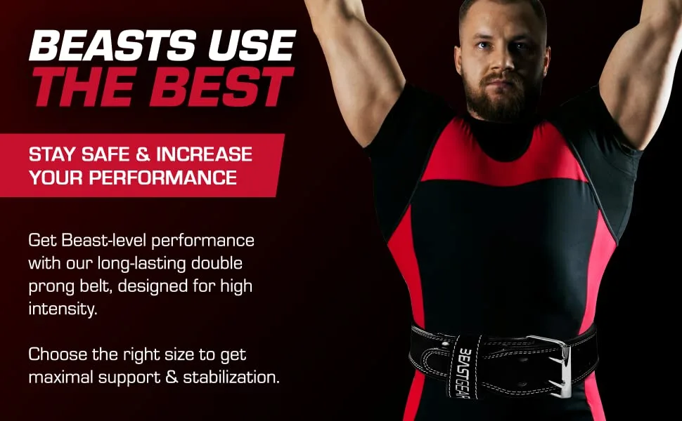 Beast Gear PowerBelt - Premium Double Prong Powerlifting Belt  4 x 10mm Nubuck Leather Weightlifting Belt with Advanced Screw Rivets - weight lifting belts for men