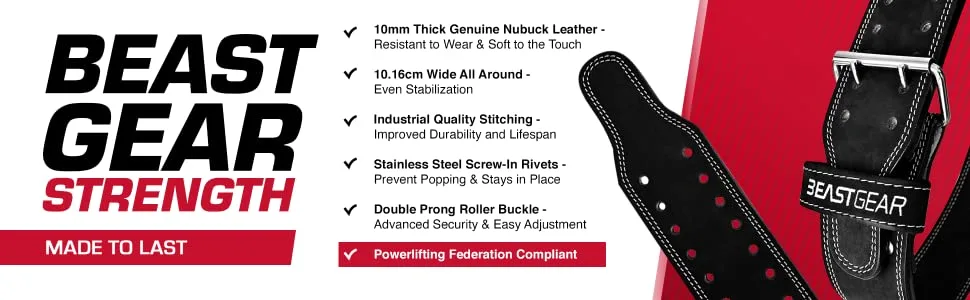 Beast Gear PowerBelt - Premium Double Prong Powerlifting Belt  4 x 10mm Nubuck Leather Weightlifting Belt with Advanced Screw Rivets - weightlifting belt