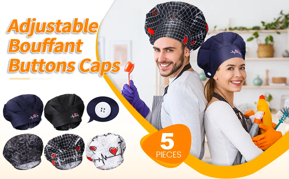 Geyoga 5 Pieces Bouffant Caps with Button and Sweatband Adjustable Working Hats Nurse Caps for Women Men 5 Styles(Heart Pattern) - product information 1