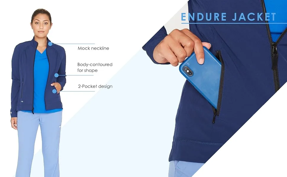 BARCO One Endure Scrub Jacket for Women - Zip Front Medical Jacket Anti-Wrinkle 4-Way Stretch Women's Scrub Jacket Medium Black - endure jacket infographic highlighting features of the product