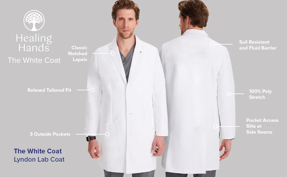 Healing Hands White Hospital Coat Full Length 6 Pocket 5103 Lyndon Mens Lab Coat The White Coat Professional Collection 36 White - 5103 lyndon labcoat